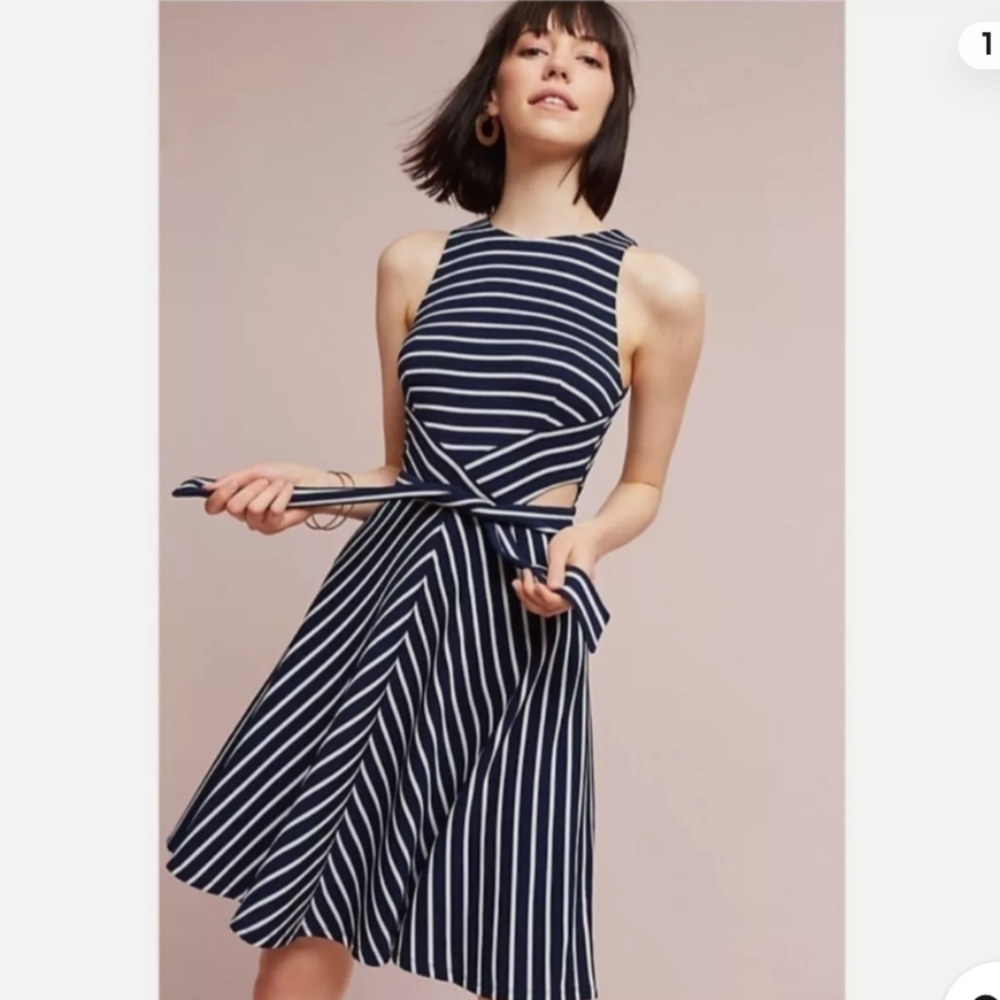 Anthropologie Hutch Kinsley Blue And White Striped Cutout Dress, Size XS